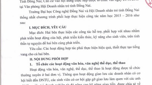 Kế hoạch phối hợp hoạt động giữa DNTU và Hội Doanh nhân trẻ tỉnh Đồng Nai