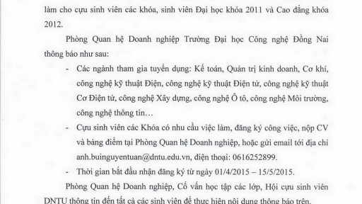 Thông báo đăng ký tham gia ngày hội giới thiệu việc làm DNTU lần I năm 2015