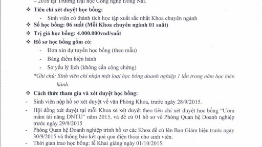 Thông báo học bổng "Ươm mầm tài năng DNTU" năm 2015