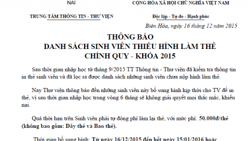 Thông báo nộp hình làm thẻ sinh viên