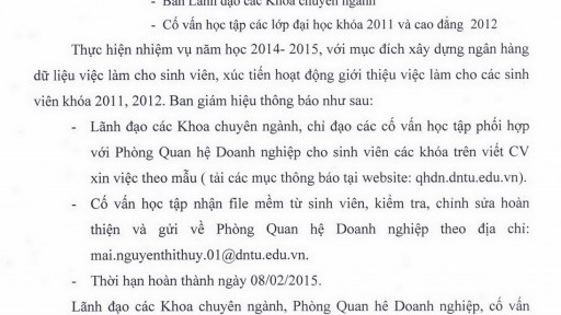 Thông báo về việc hỗ trợ xây dựng CV