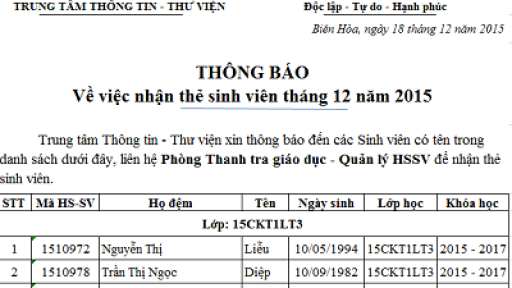 Thông báo về việc nhận thẻ sinh viên tháng 12/2015