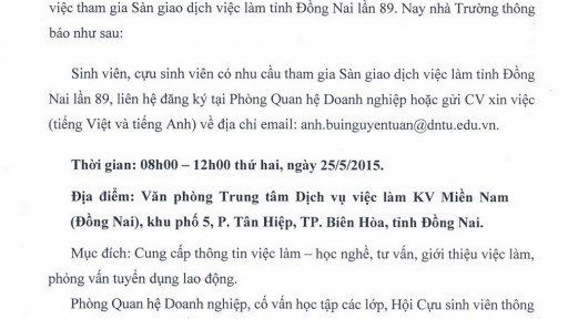 Thông báo về việc tham gia Sàn giao dịch việc làm tỉnh Đồng Nai lần 89