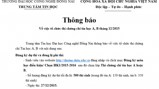 Thông báo Về việc tổ chức thi chứng chỉ tin học A, B ngày 27/12/2015